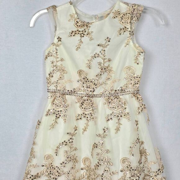 Rare Editions Girls Dress Size 8 Ivory Gold Sequin Lace Tulle Party Dress Rhines - Picture 4 of 12